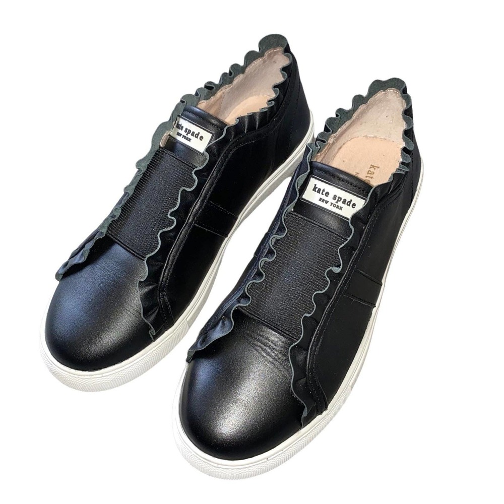 6 Kate Spade Lance Black Leather Slip On Elastic Stretch Low Top Ruffle Sneakers